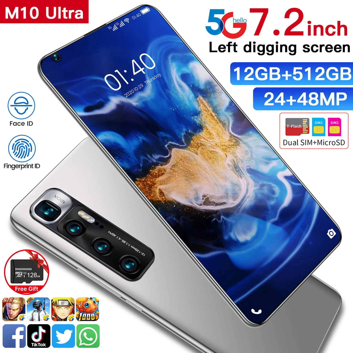 

2021 trends popular M10 10core android mobile 7.2''HD+ full screen smart phone large memory 12Gb+512GB 24MP+48MP 6000mAh