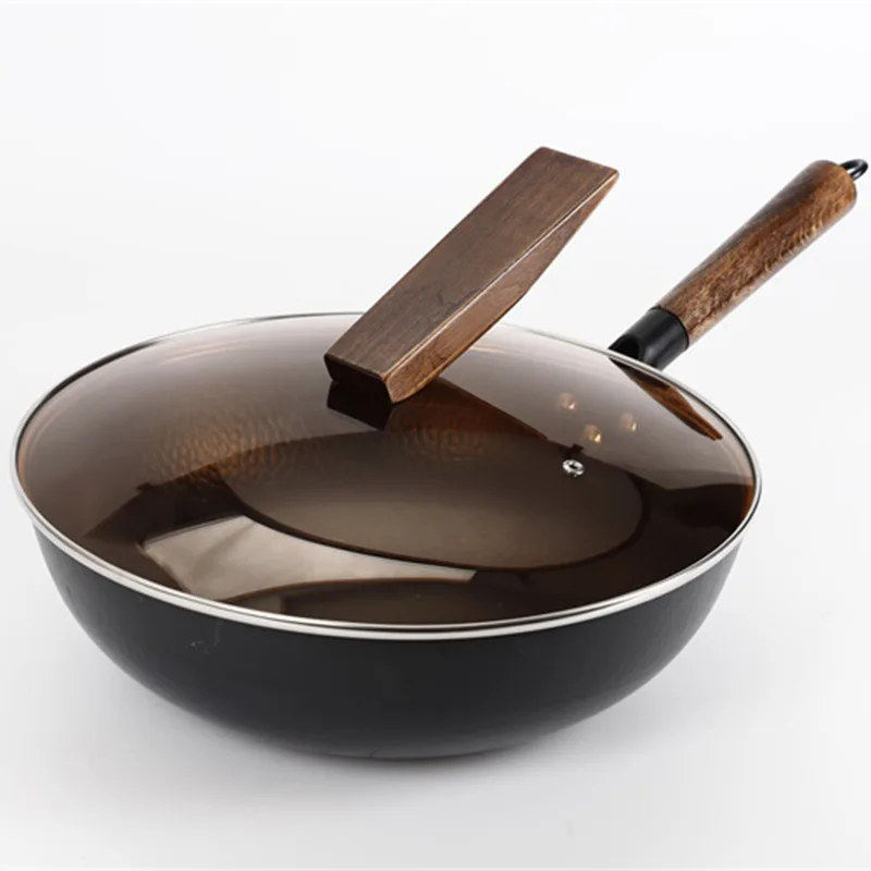 

cookware sets curvy big kitchen non stick stainless flat bottom wood handle cast iron woks, Black