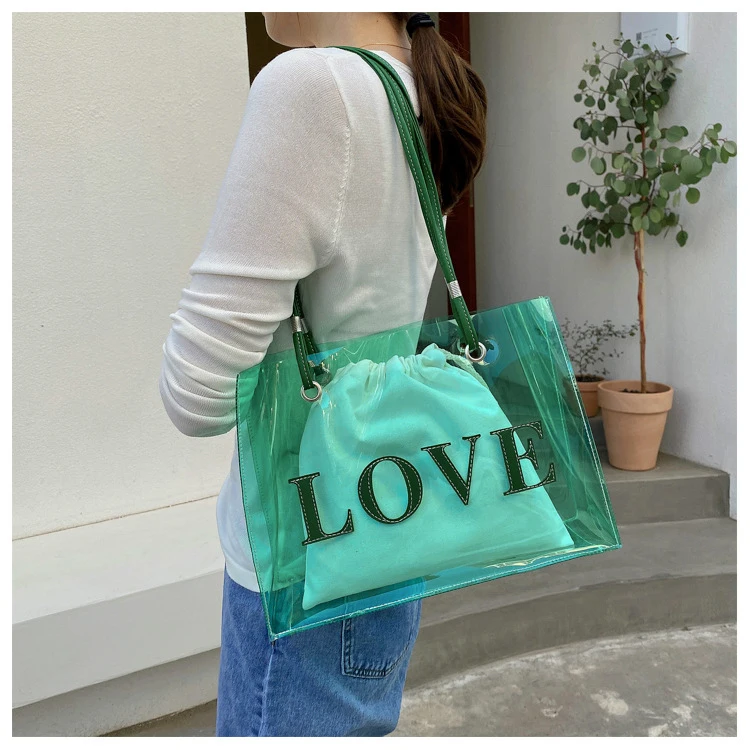

YASEN 2022 Women Summer Love Print PVC Transparent Shoulder Bag Clear Bags Jelly Composite Set Female Beach Travel Handbag