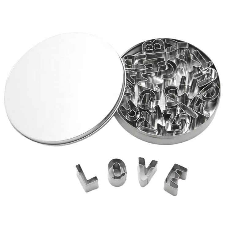 

26-piece Letter/ Alphabet Shapes Stainless steel Cookie Cutters with tin box packing for One-Bite Cookies Cake Decor Fo, Silver