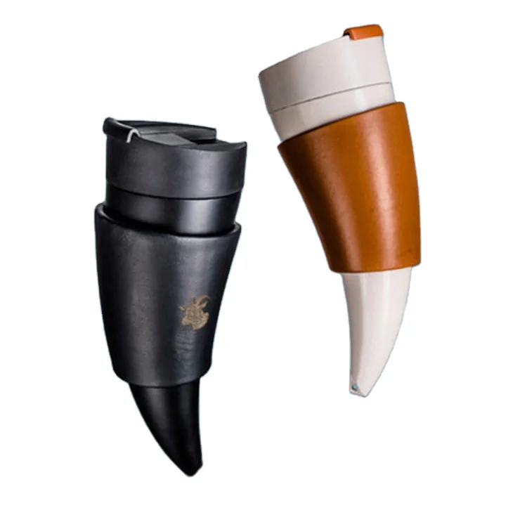 

Leather Stainless Steel Cup Insulation Vacuum Thermos Flask creative goat horn coffee mug water bottle, Customized color goat horns water bottle