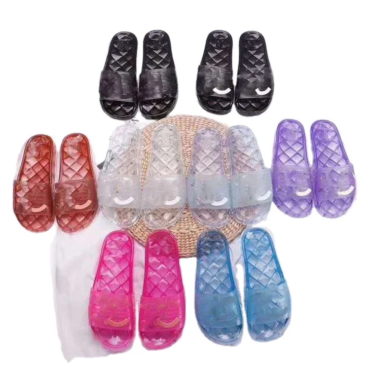 

luxury brand ladies new fashion summer sheer slides flat clear pvc designer jelly slippers for women, Picture