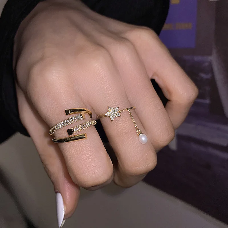 

Retro Pearl Line Ring Simple And Refined Silver Star Ring Line Opening European And American Rings, Golden