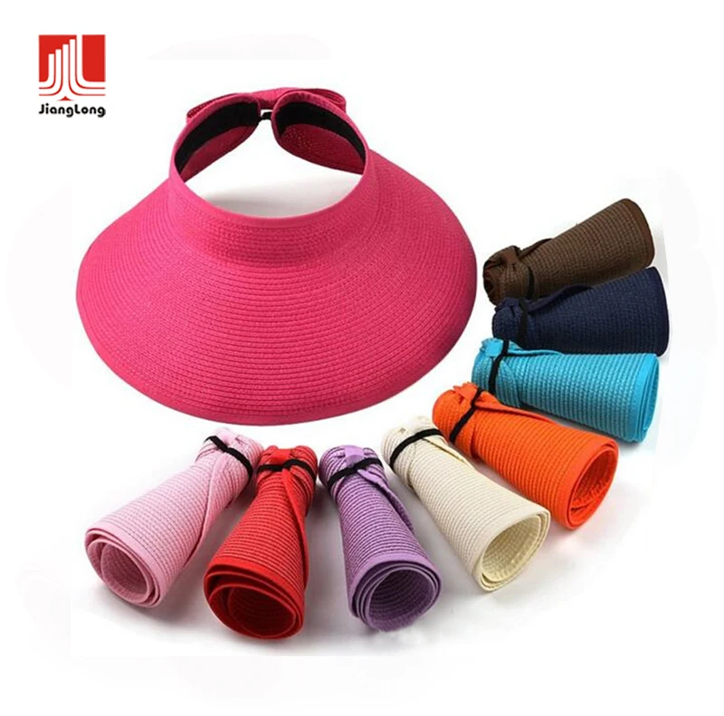 

Women Large Floppy Visor Hat Fold able Straw Wide Brim Hat Summer Beach Bow knot Lady Sunscreen Roll Up Straw Hats