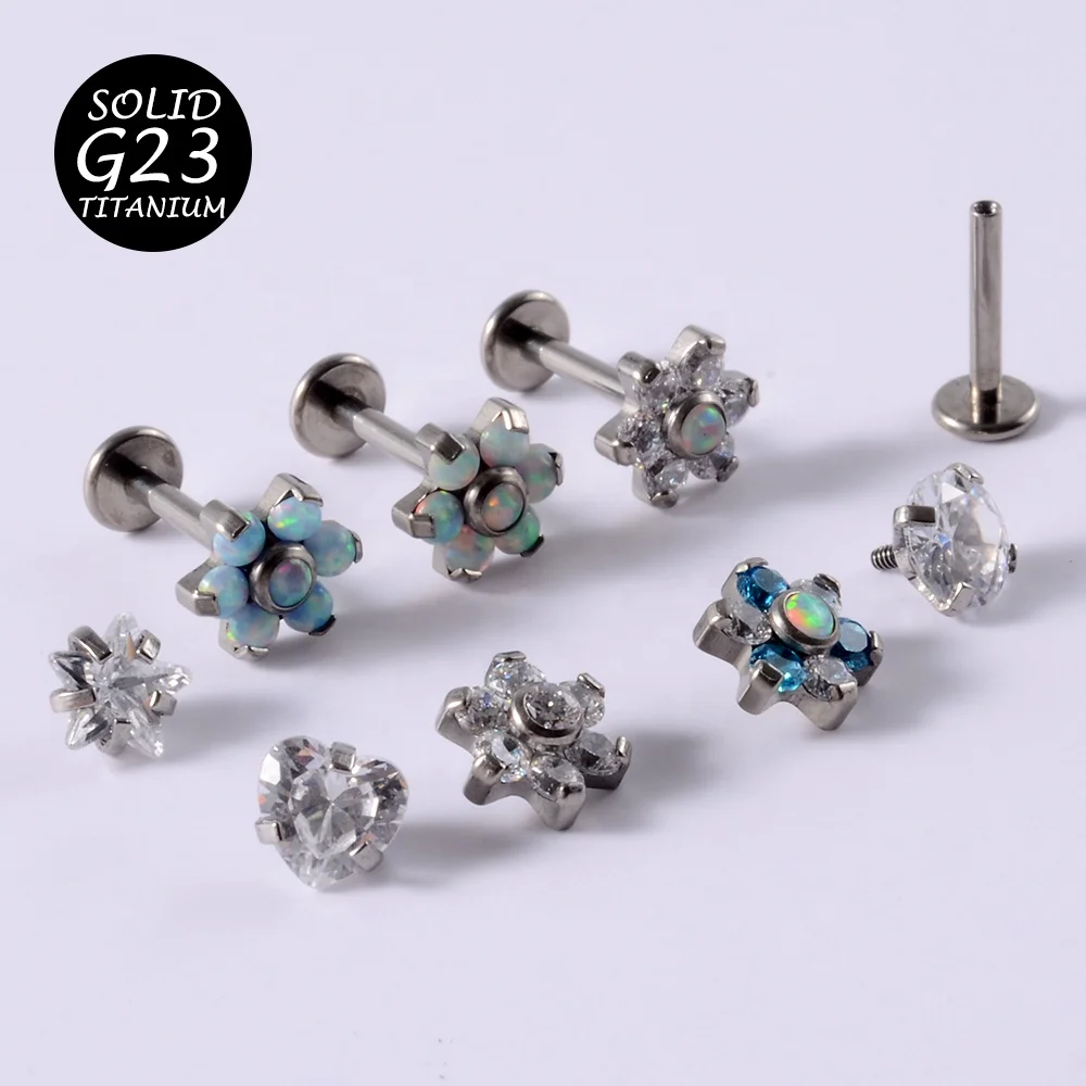 

G23 Titanium&Steel Opal Gem Labret Lip Bar Ring Cubic Zircon Flower Ear Cartilage Tragus Helix Piercing Screw Fit Top 16g