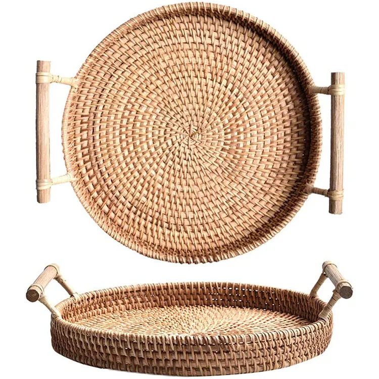 

Amazon Hot Hand Made Smooth Brown Round Bread Basket Tea Woven Rattan Floating Tray for Serving Dinner Parties Coffee Breakfast, Natural color