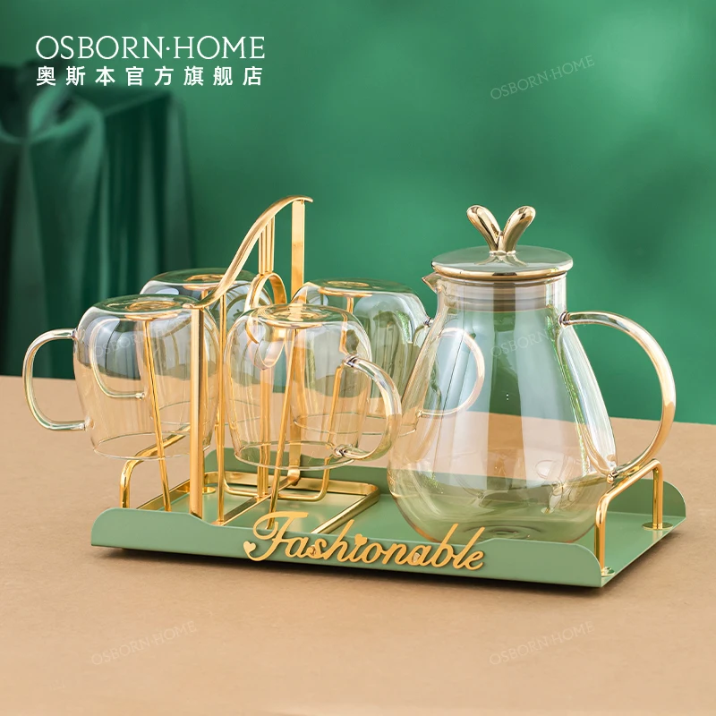 

OSBORN Light Luxury Summer Glass Water Jug Set For Juice And Cold Drink And Handle With Ceramics Lid And Cups Tray, Picture