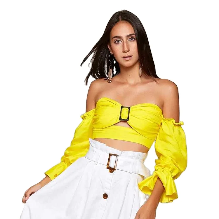 

European style women off shoulder yellow sheer long sleeve sexy crop top