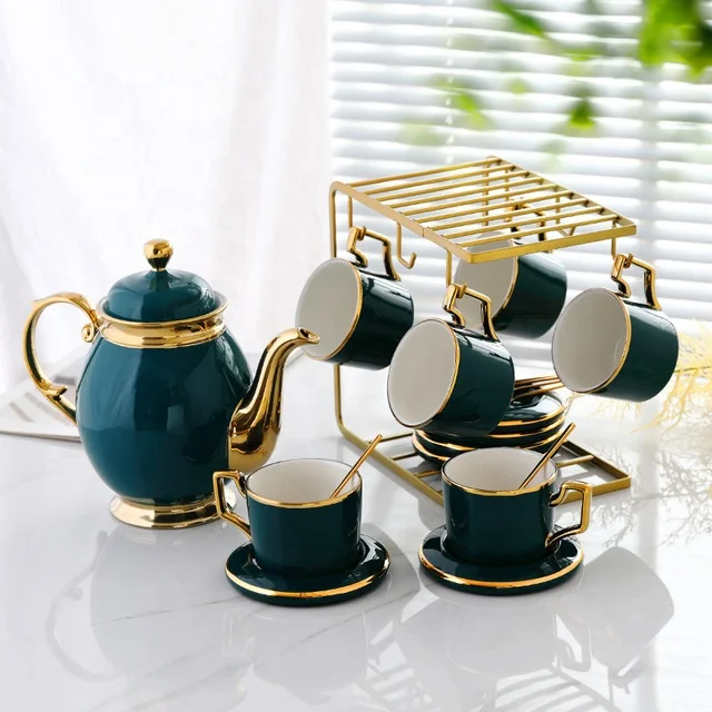 

Wholesale 20 Pcs Gold Rim Ceramic Coffee Cups Nordic Light Luxury Porcelain Coffee & Tea Sets With Service Tray