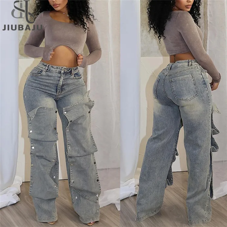 Detachable Snap Button Cutout Cargo Straight Denim Wide Leg Jeans Women Straight Pants 2024 INS Fashion New Trousers