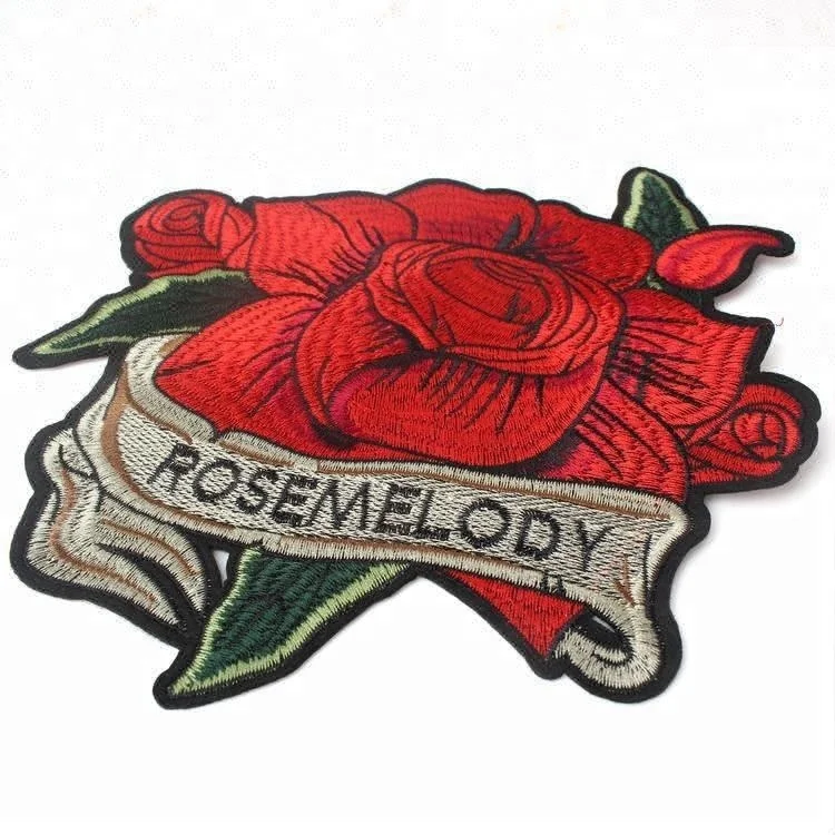 

Fashion Design Sew on Merrow Border Custom Red Flower Embroidery Rose Patch for Clothing and Dress