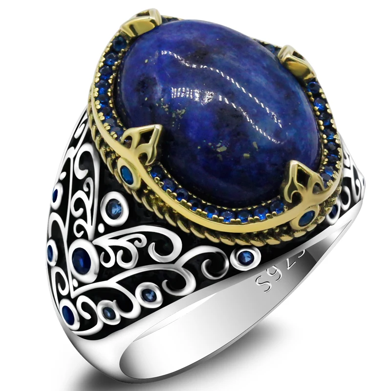 

New Men's Vine Ring 925 Sterling Silver Natural Lapis Lazuli Anchor Ring Retro Antique Turkish Handmade Jewelry Husband Gift