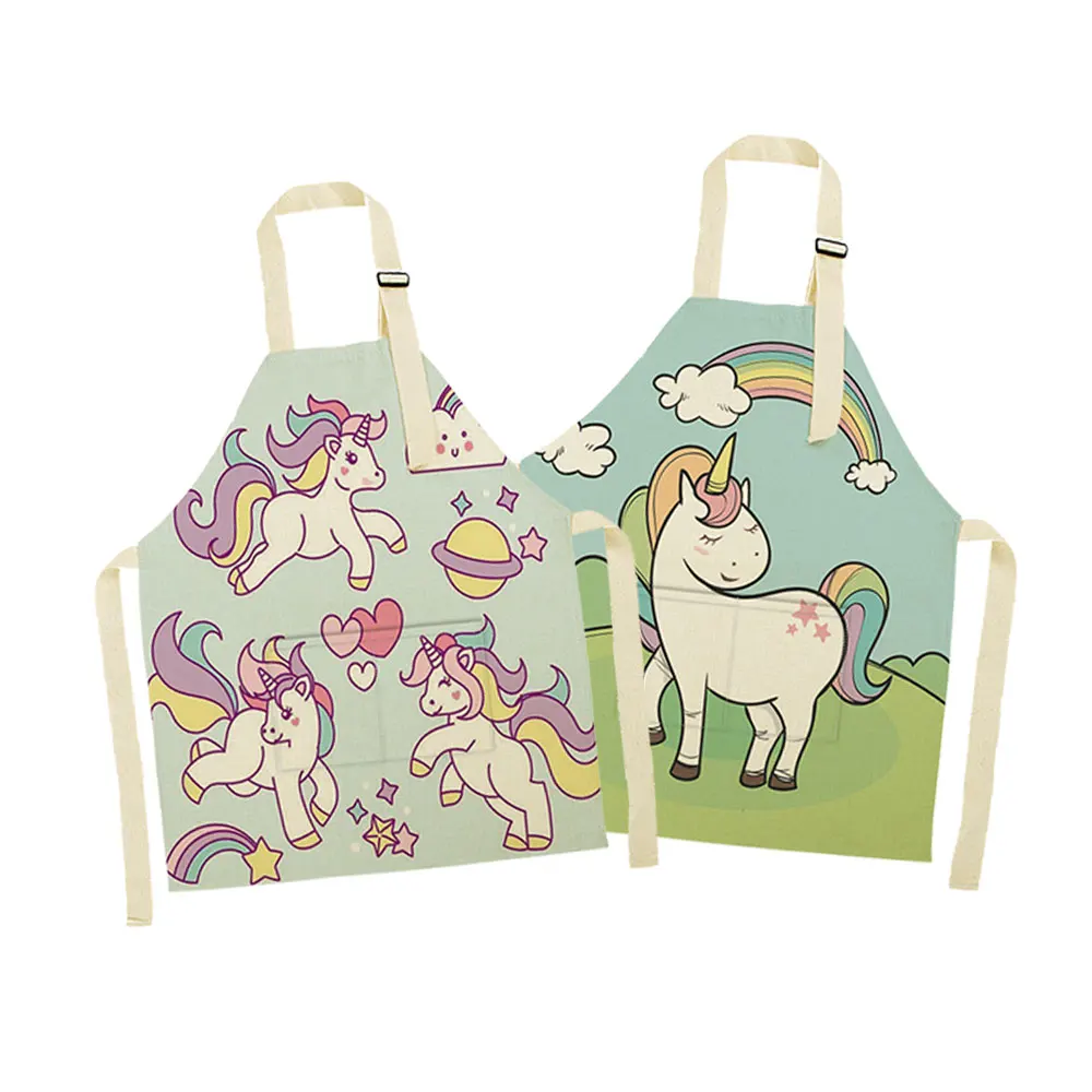 

Children Kitchen Protect Linen Aprons Custom Cute Cartoon Unicorn Digital Printed Kids Apron, Multi