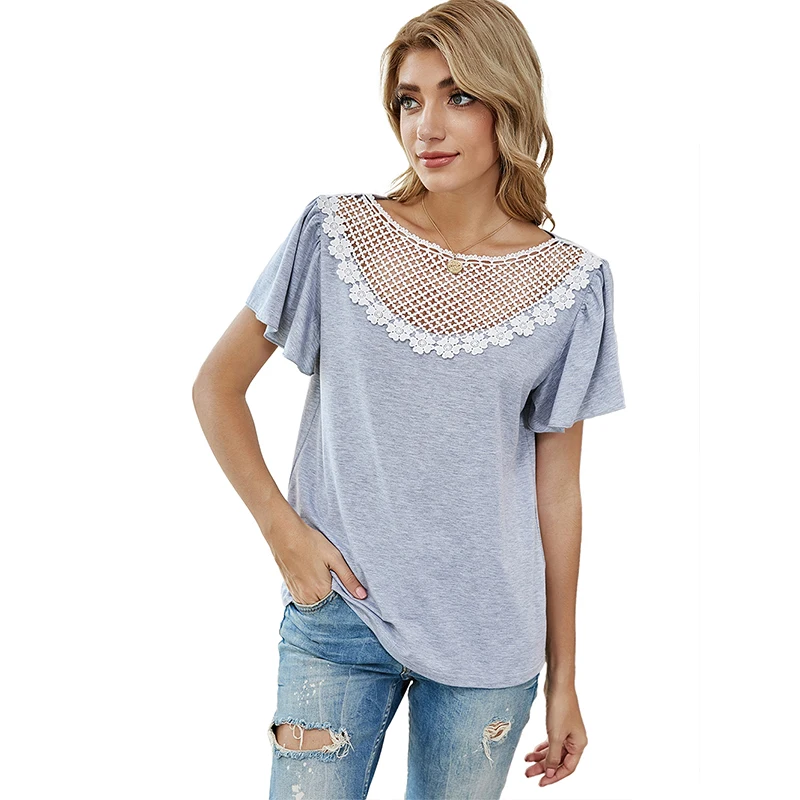 

2021 spring and summer new women's lace neckline stitching loose casual short-sleeved T-shirt women Amazon top, Shown