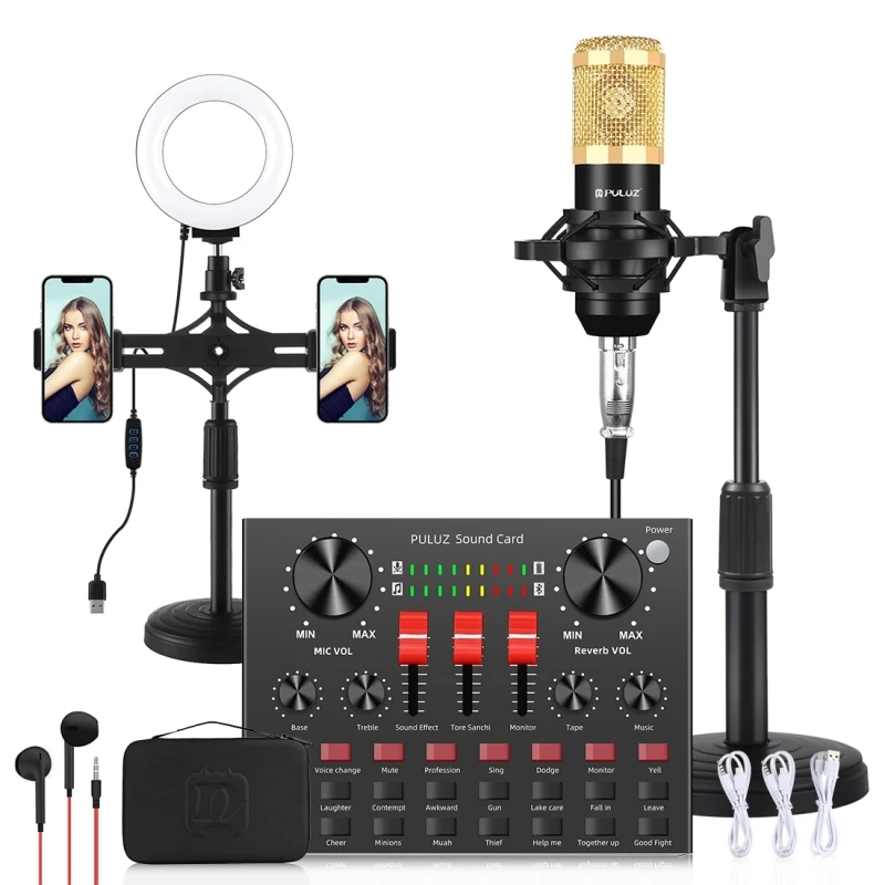 

Chinese Factory Sell PULUZ Desktop Broadcasting Live Dual Phone Holders & Ring Light Sound Card Mixer Microphone Mic Kits