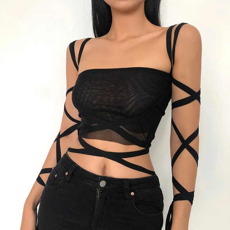 

Woman New Tank Top Summer New Lace-Up Low-Cut Backless Solid Color Mesh Fashion Slim Short Woman Body Vest