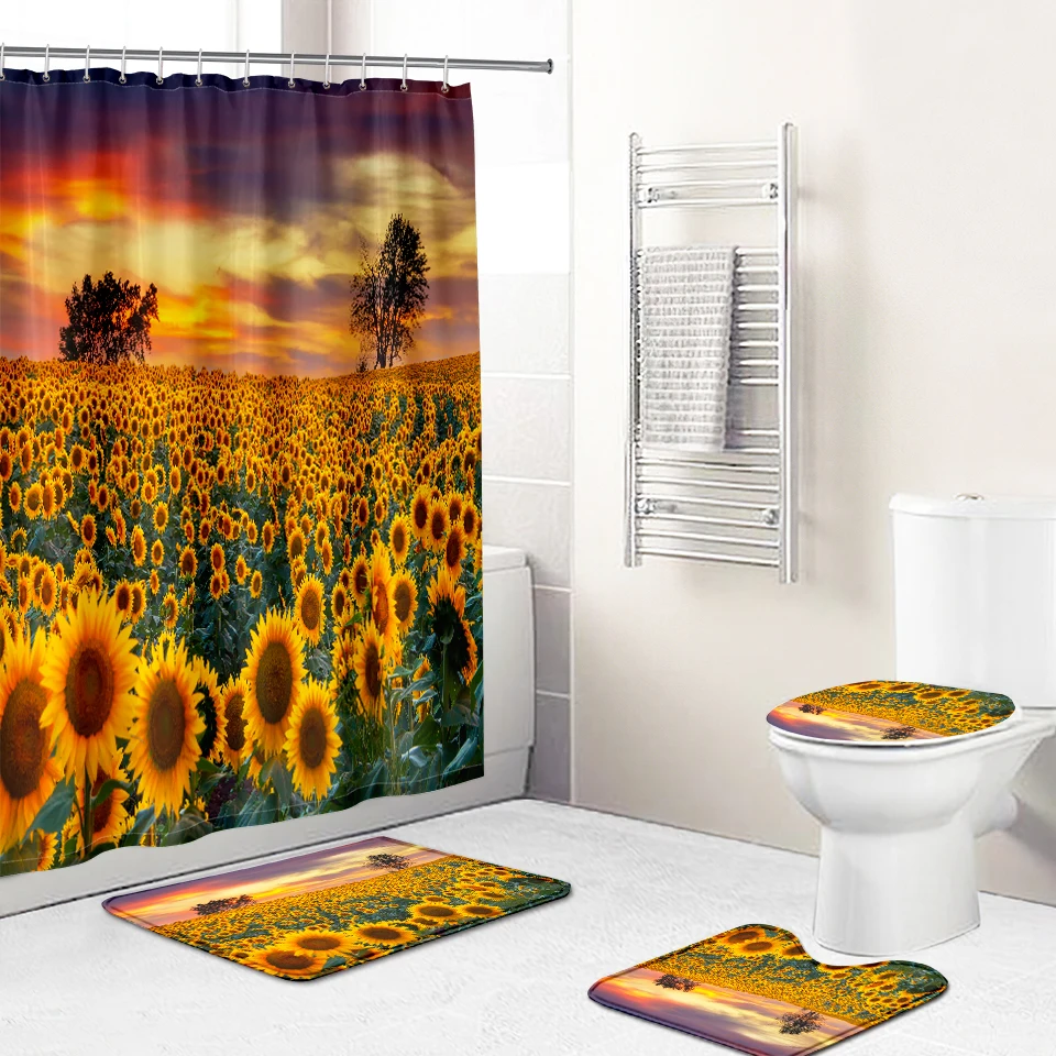

Wholesale good price 3D custom printing Modern Sunflower Bathroom Curtin Shower Curtain Bathmat Set