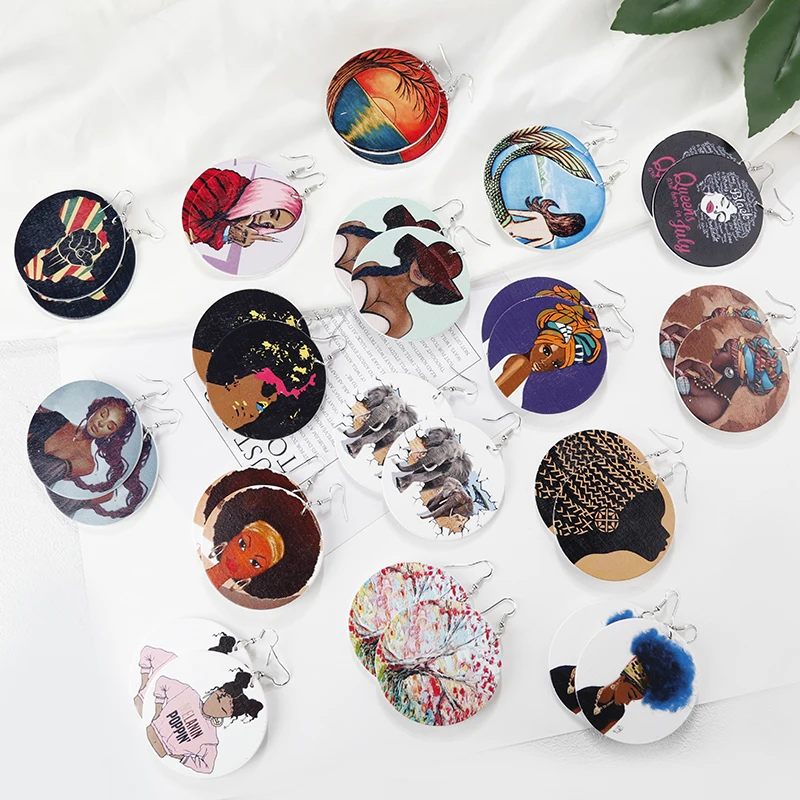 

wholesale Vintage Painted Statement Round African Ethnic Fashion Jewelry Africa Wooden Drop Earrings For Women, Mix