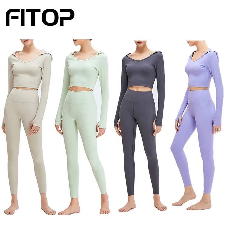 

Women High Quality Wholesale Gymwear Workout Clothes Long Sleeve Two Piece Set Ribbed High Waist Leggings With Top Yoga Set, Purple, gray, pink, black, yellow