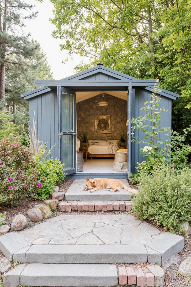 A pet-friendly garden filled with safe plants like spider plant, mint, and bamboo.