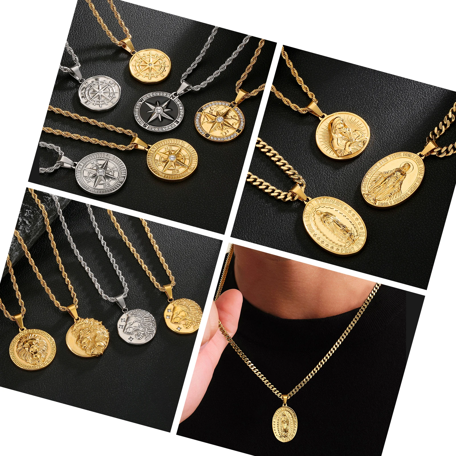 

Dainty Coin Necklace for Women Men Jesus Virgin Mary Lion Compass 18K Gold Plated 316L Stainless Steel Coin Necklace Pendant