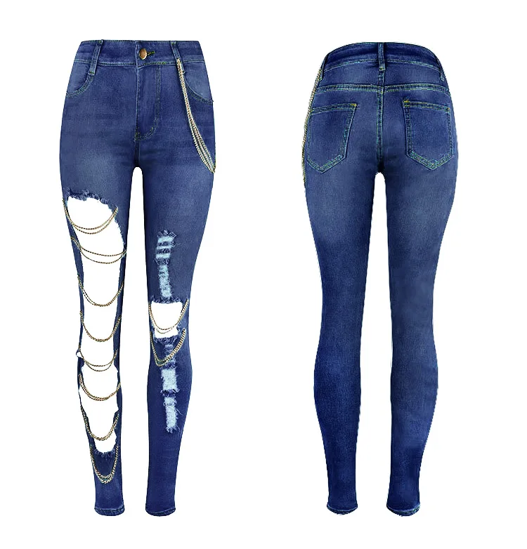 

F40501A ready to ship small feet ripped chain pendant stretch cotton women's trousers jeans pant, As picture