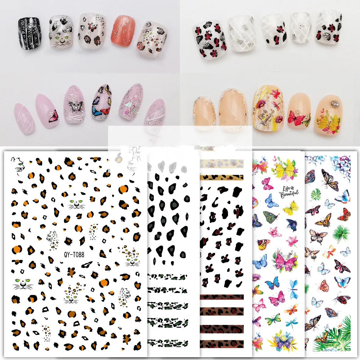 

Butterfly Press On Nails Flower Nail Art Stickers Mixed Design Self-Adhesive Nail Decals, As picture