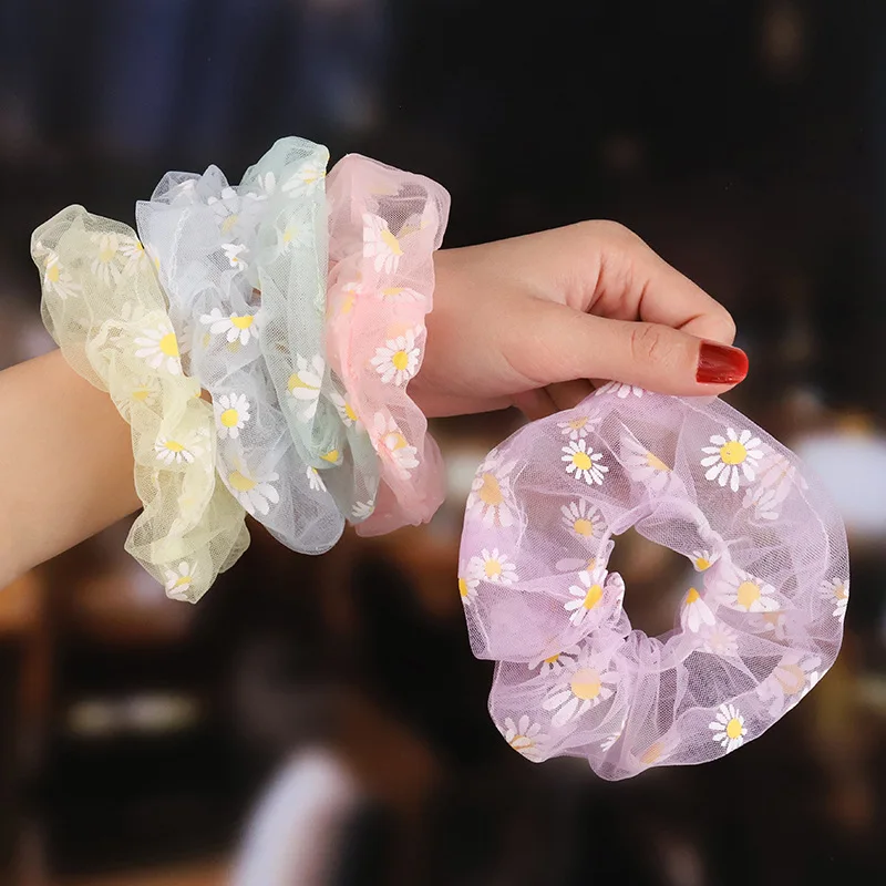 

2020 Summer New Floral Flower Hair Scrunchies For Girls Gauze Elastic Daisy Hair Scrunchies