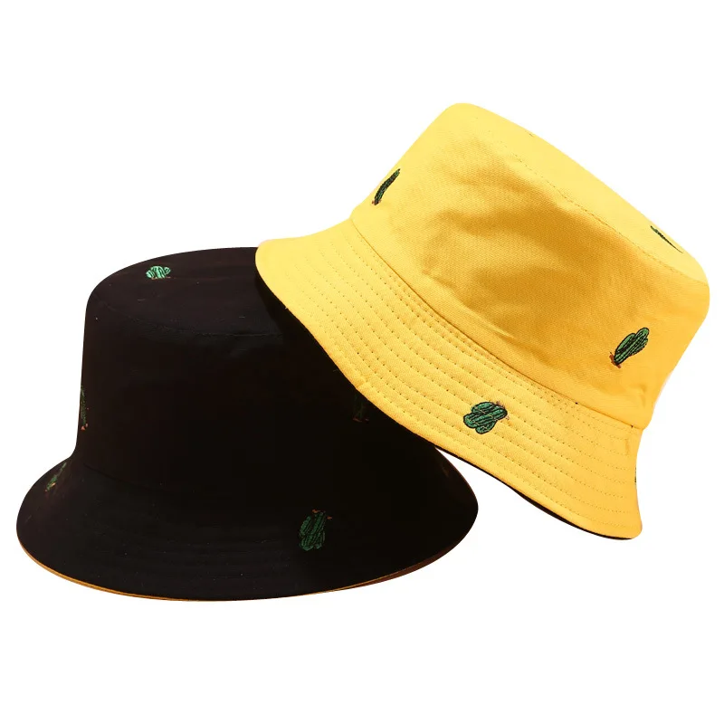 

Free shipping instock chapeau bob coton two tone embroidery reversible double sides buket cactus embroidered fisherman's hat