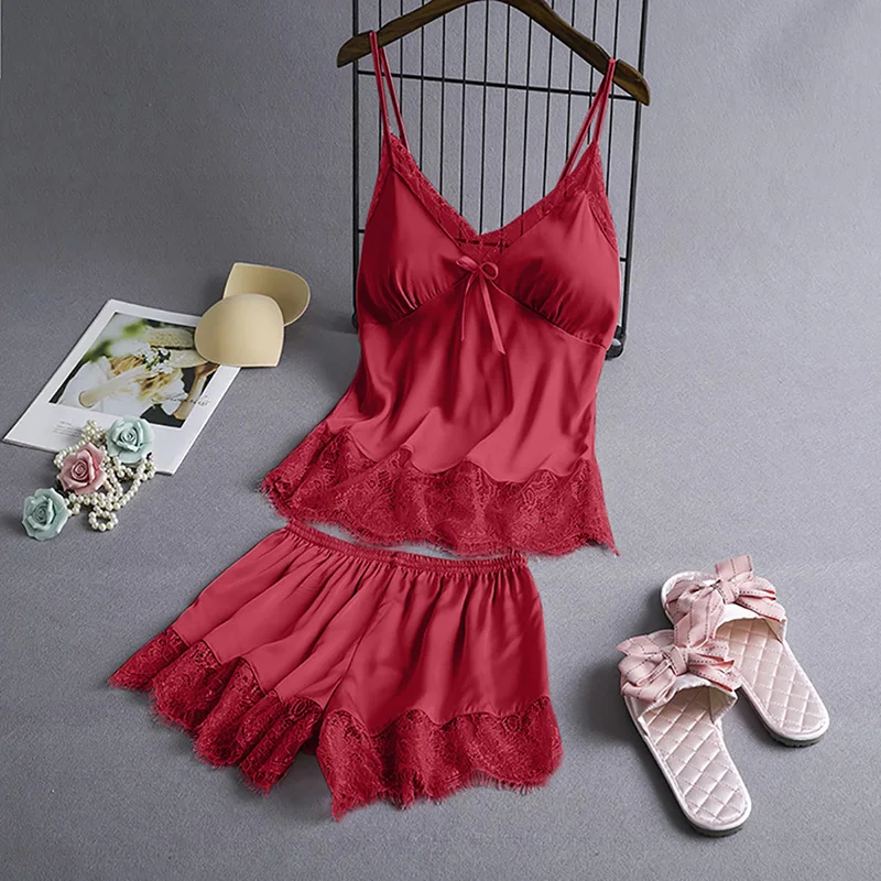 

Women Pajamas Set Solid Color Sleepwear Lace Sleeveless Camisole High Waist Short Two-piece Set Silk Home Wear, Shown