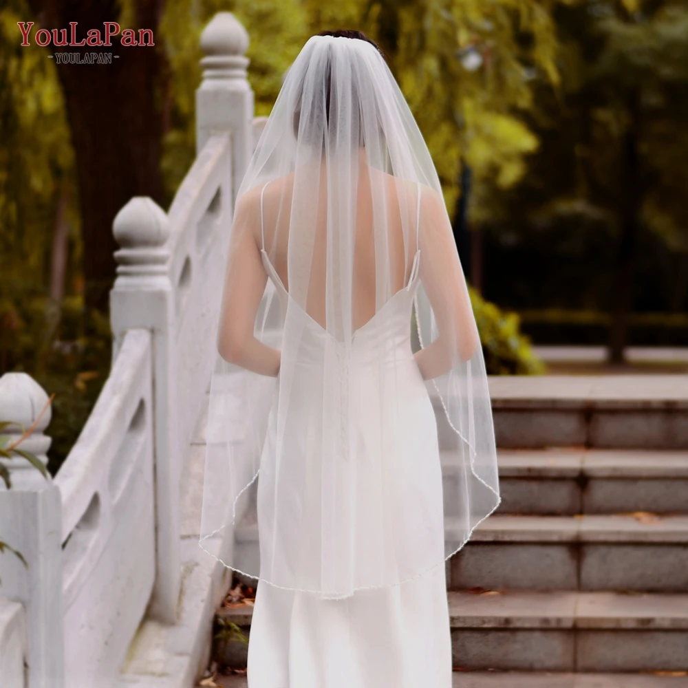 

YouLaPan V107 Finger-length Combed Veil With Hair Elegant Beaded Crystal Edging Bridal Wedding Veil, White/ivory/off-white