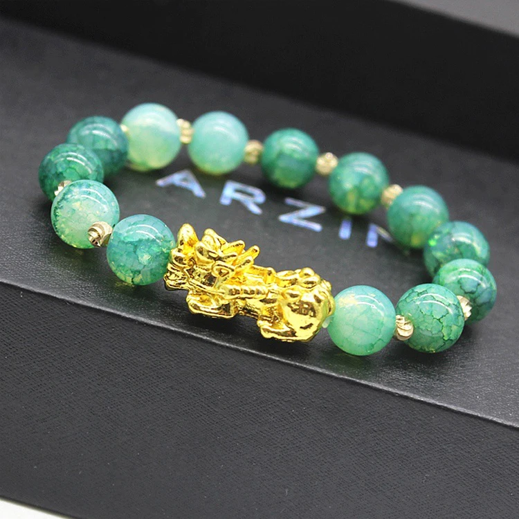 

Wholesale Green Jade Bead Bracelet Feng Shui Amulet Lucky Gold Obsidian Pixiu Bracelet, Picture