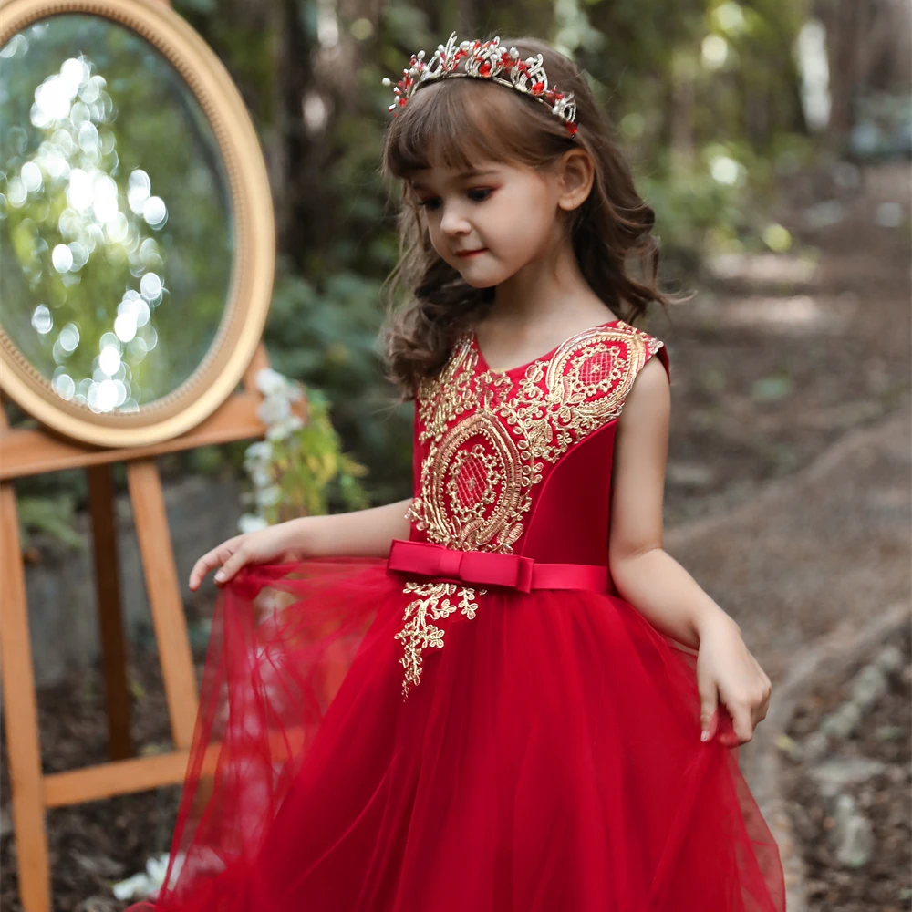 

Wholesale High Quality 10 Years Old Embroidery Bow Gown Flower Girl Princess Dress for Party kids wedding birthday prom dress, Red,champagne,dark blue,bean powder