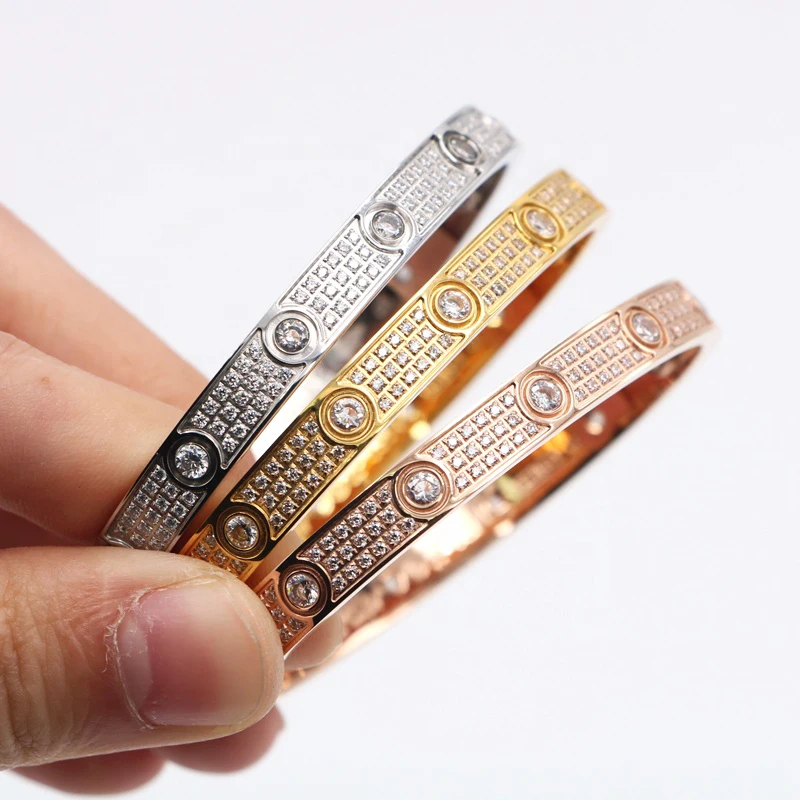 

Fashion Gold Plated Stainless Steel Iced Out Cuff Screwdriver Love Bangle Bracelet for Women Men