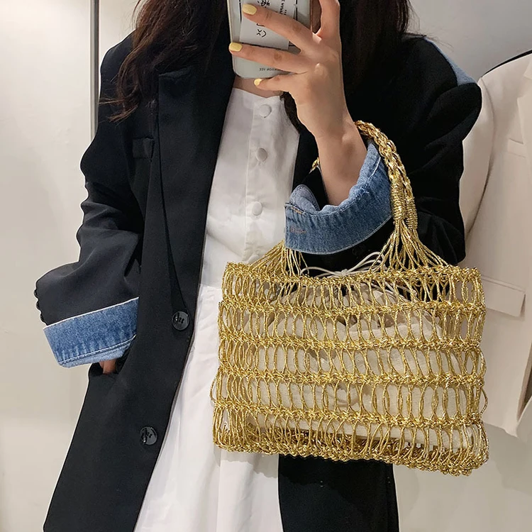 

Casual Handbags Gold Rattan Straw Purses Women Custom