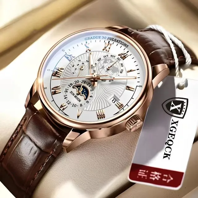 New 1380 Luxury Men Watch Waterproof Timing Moon Pattern Luminous Man Watch Leather Mael Quartz Sports Date Wristwatch Clock