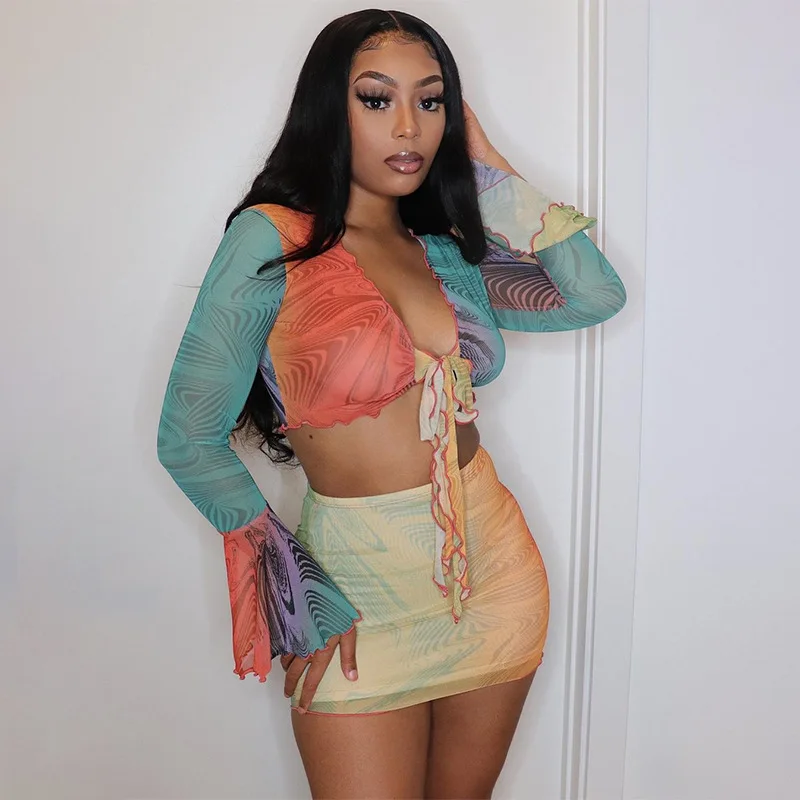 

Mesh Transparent Two Piece Set Women Outfits Long Sleeve Crop Top And Bodycon Wrap 2 Piece Mini Skirt Matching Sets 2021