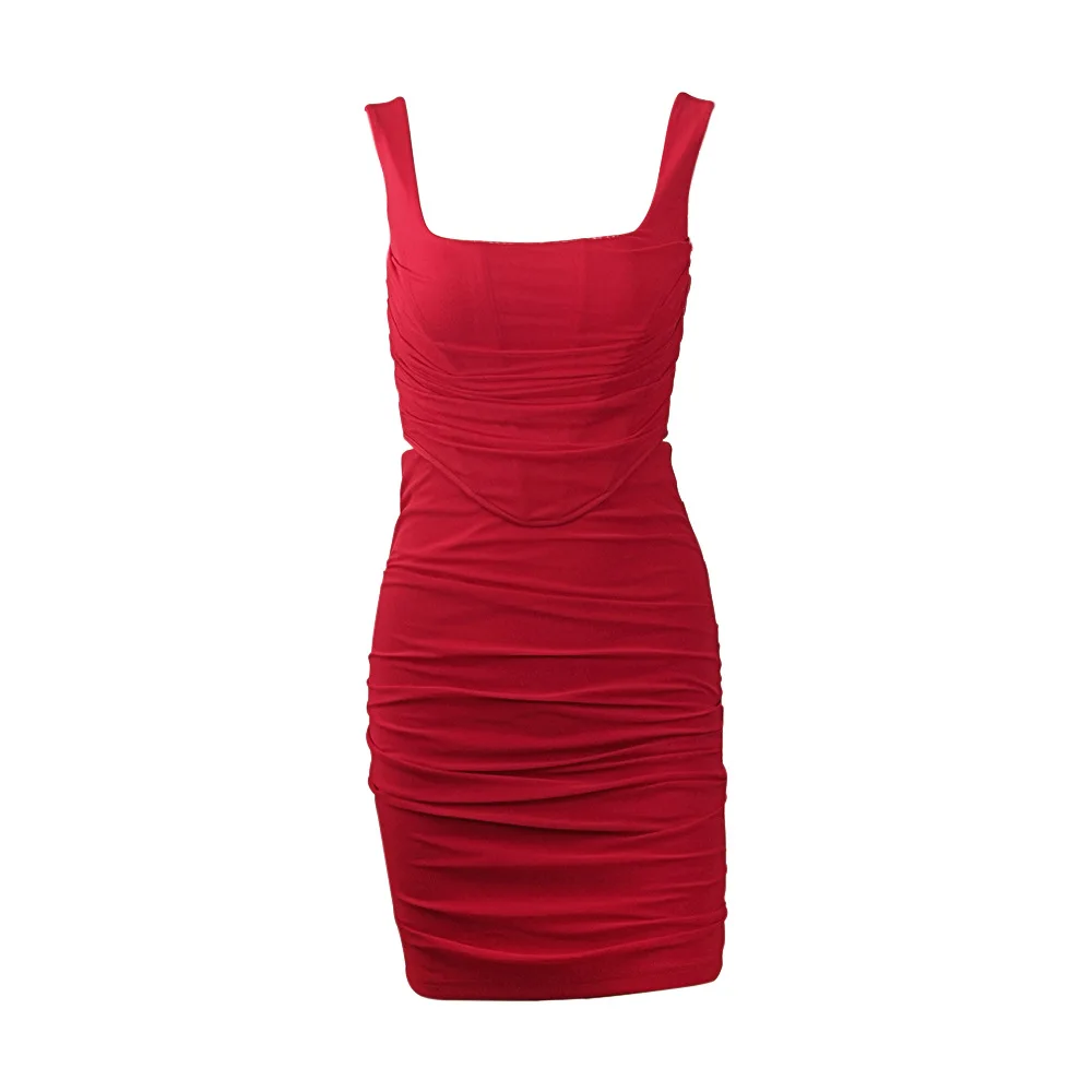 

Night Club Party Street Ladies Fashion Suit Red Mesh Sleeveless Sling Vest Pleated Tight Skirt Women Two Piece Sets