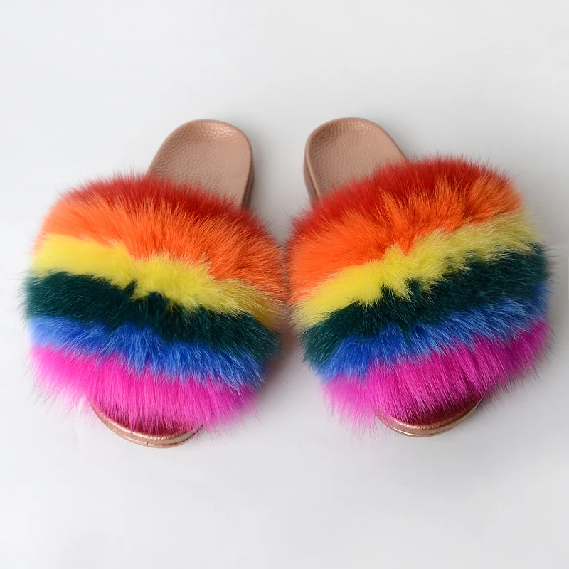 

Jtfur New Stylish Factory Multicolor Ladies Shoes Soft Rainbow Fluffy Fox Fur Slides Women Leather Turkish Slippers, Customized color