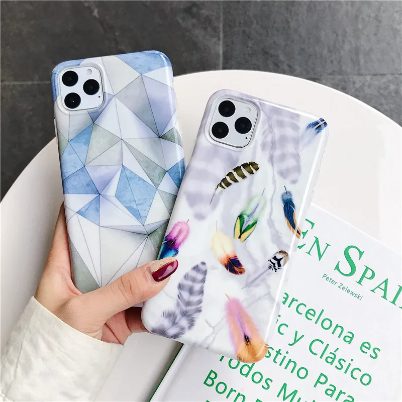 

Hot Selling IMD Feather Geometric Marble Soft Mobile Phone Case For iPhone 12
