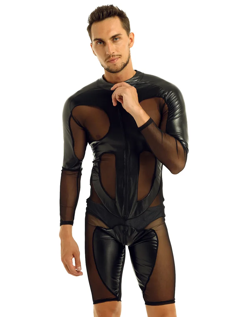 

iEFiEL Mens Faux Leather Leotard Bodysuit Long Sleeve Mesh Patchwork Zipper Boxer Shorts Jumpsuit