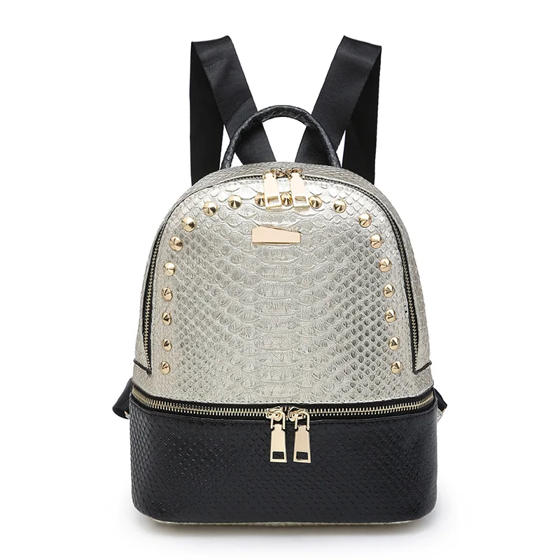 

Snake Leather Backpack Sliver Black Snake Pattern Back pack Bags Female Rivet Designer Wild Travel Bag, Gold,black,silver,pink,oem