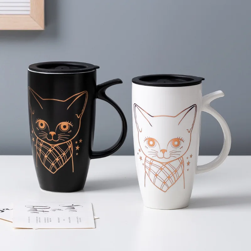 

Nordic style matte black mugs gold cat pattern couple mugs, As pciture