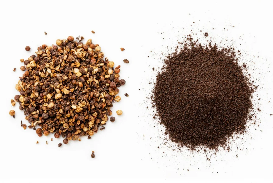 Close-up comparison of crushed pepper flakes versus ground black pepper showing texture differences