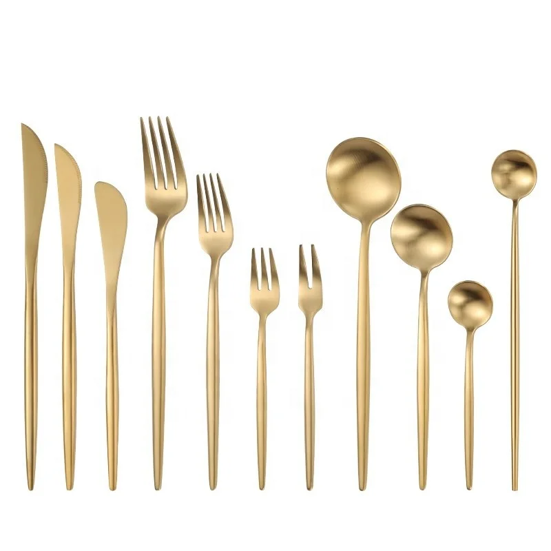 

Hot Gold Matte Cutlery Set Stainless Steel Spoon Fork Knife Golden Silverware Wedding Flatware Set