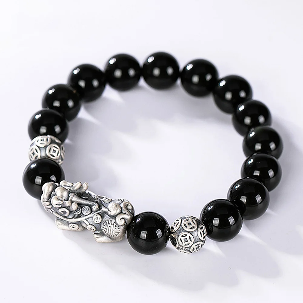 

Black Obsidian Stone Silver Bracelets Vintage Beaded Pixiu Animal Handmade Buddhist Jewelry for Men and Women