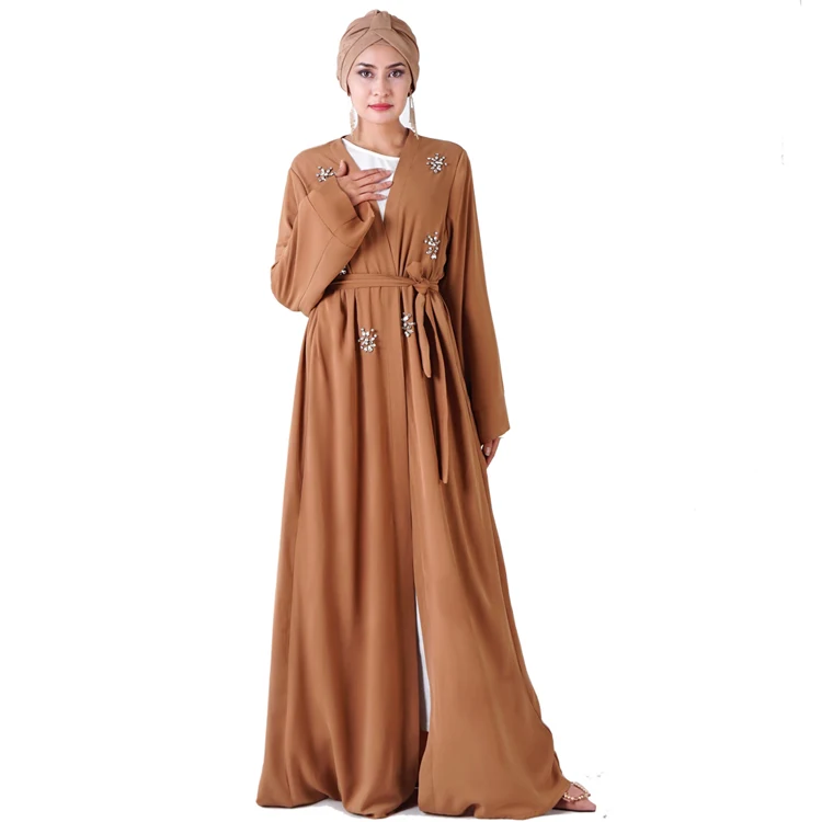 

Wholesale hight quality Hand sewing diamond muslim long open abaya kimono, Dark green, blue gray, orange powder, camel, pink, black
