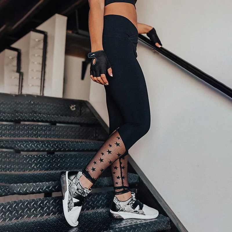 

2021 Hot Sale Fashion Black Stars Mesh High Waist Legging Women Gym Leggings, Customized mesh leggings