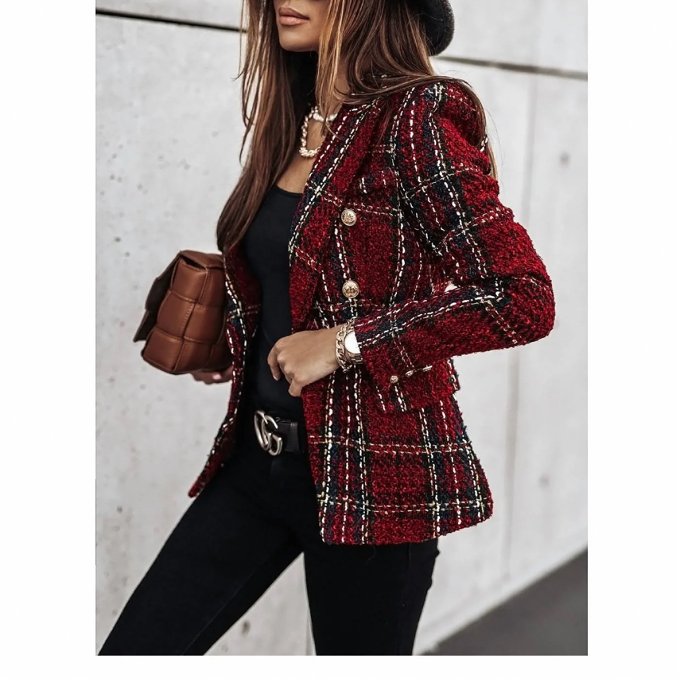 

Best Clothing Manufacturer Slimming Ladies Plaid Blazer Top Long Sleeve Double-breasted Check Business Uniform Blazer Women, Picture