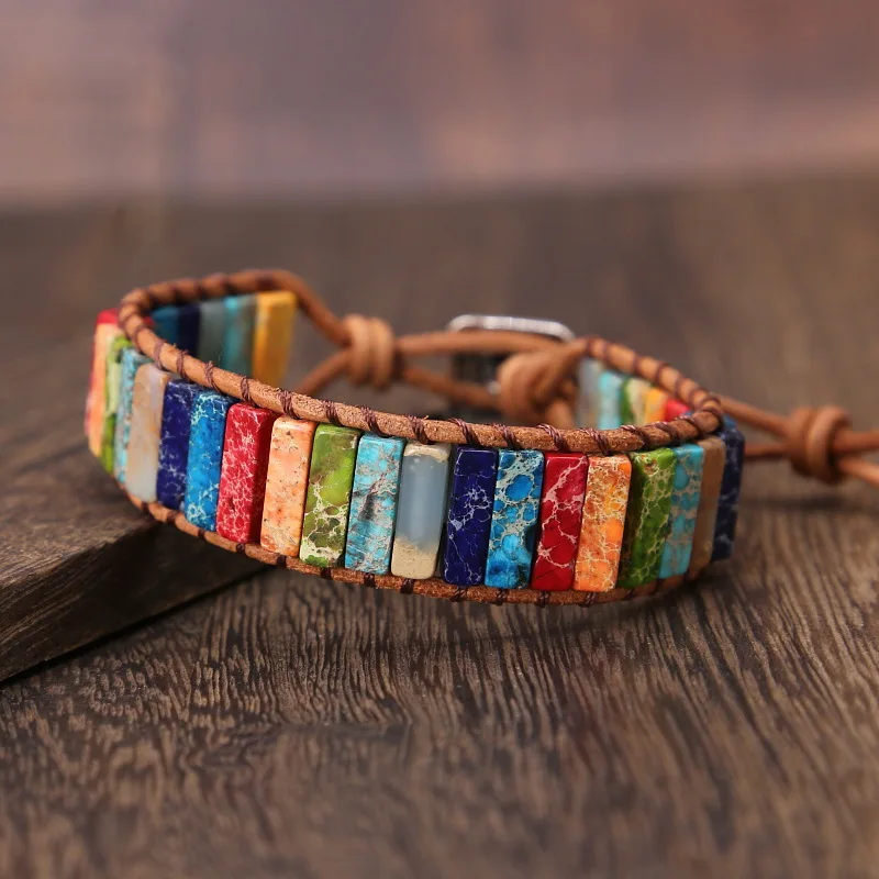 

Vintage Colorful Seven Chakras Emperor-stone Leather Bracelet for Women Stone Hand-knotted Bracelet Beads Bohemia Bracelet Gifts